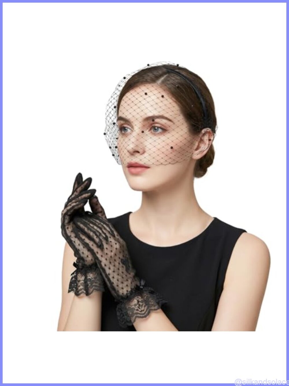 2 Pc Birdcage Veil Rhinestone Fascinator & Lace Gloves Set for Women